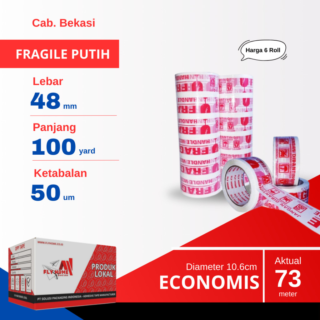 

FLYHOME 6Roll Lakban Fragile Putih 48x100Y 2inci Uk Besar ECO 100 Yard