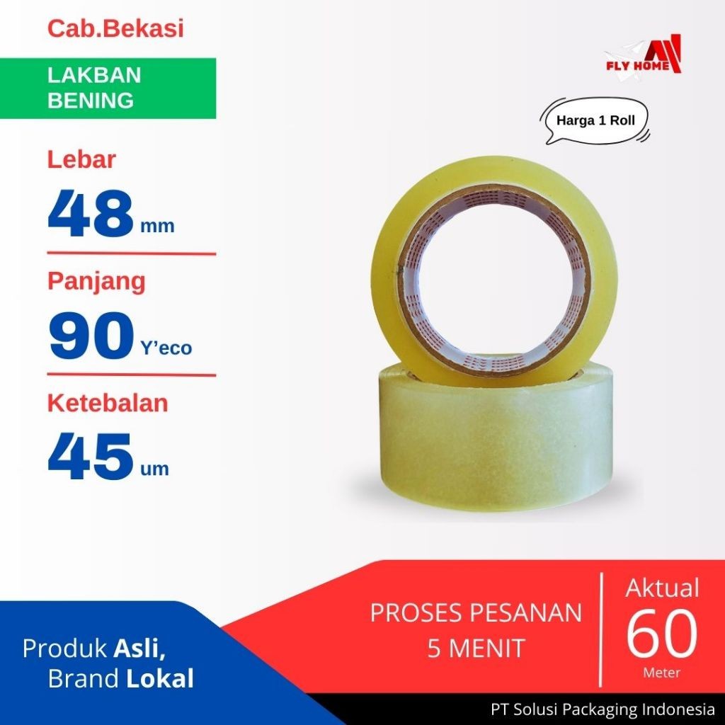 

FLYHOME 1Roll Lakban Bening 48x90Y 2inchi Solasi Uk Besar ECO 90 yard