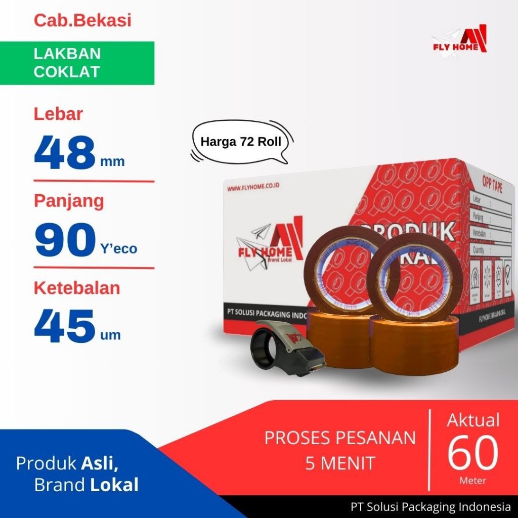 

FLYHOME 1Dus Lakban Coklat 48x90Y 2inchi Solasi Uk Besar 72Roll ECO 90 yard CARGO