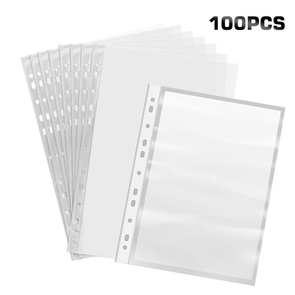 

100Pcs A4 11 Holes Loose Leaf Plastic Punched Pockets Folders Documents Sheet Protectors Filing Transparent Folder Bag