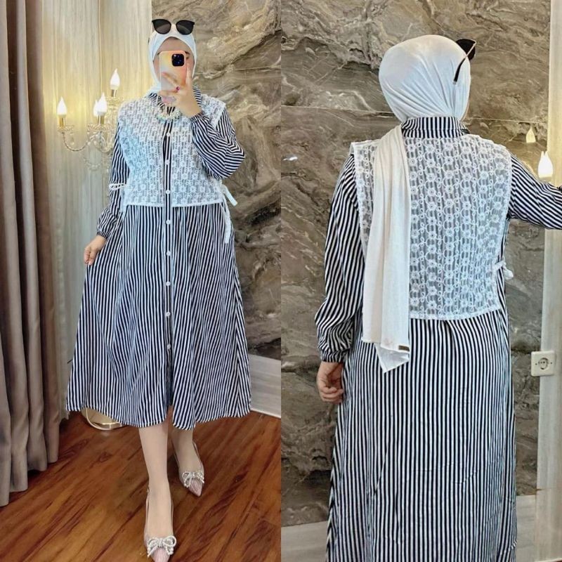 Termurah Busana Muslim Lebaran Wanita Modern Mewah / Tunik midi dress Combinasi Burkat/Tunik Salur k