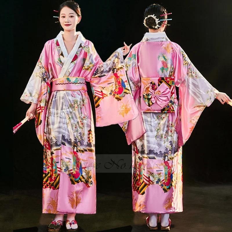 Japanese Traditional Kimono with Obi Yukata Print Flower Pajamas Women Silk Oversized Bathrobe Dress