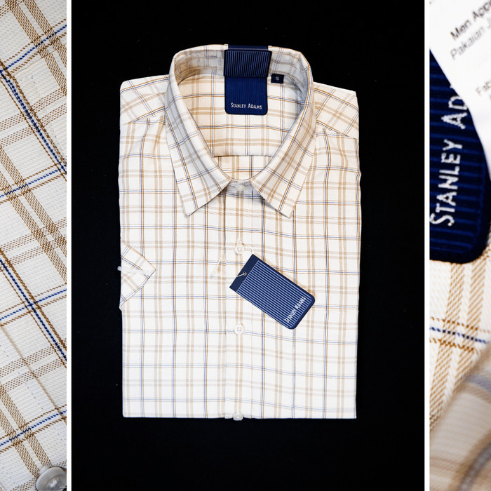 STANLEY ADAMS Kemeja Pria Lengan Pendek Formal Reguler Fit Cream Motif Kotak-kotak | Hem Pria - 17.5