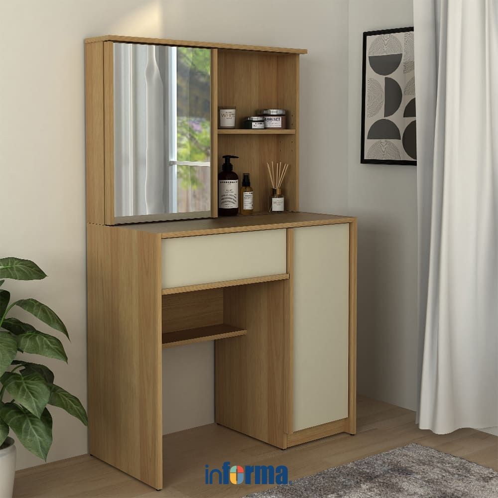 Informa Jena Meja Rias Dengan Cermin - Cokelat Euro Oak Makeup Dresser Vanity Table Furnitur Rumah M