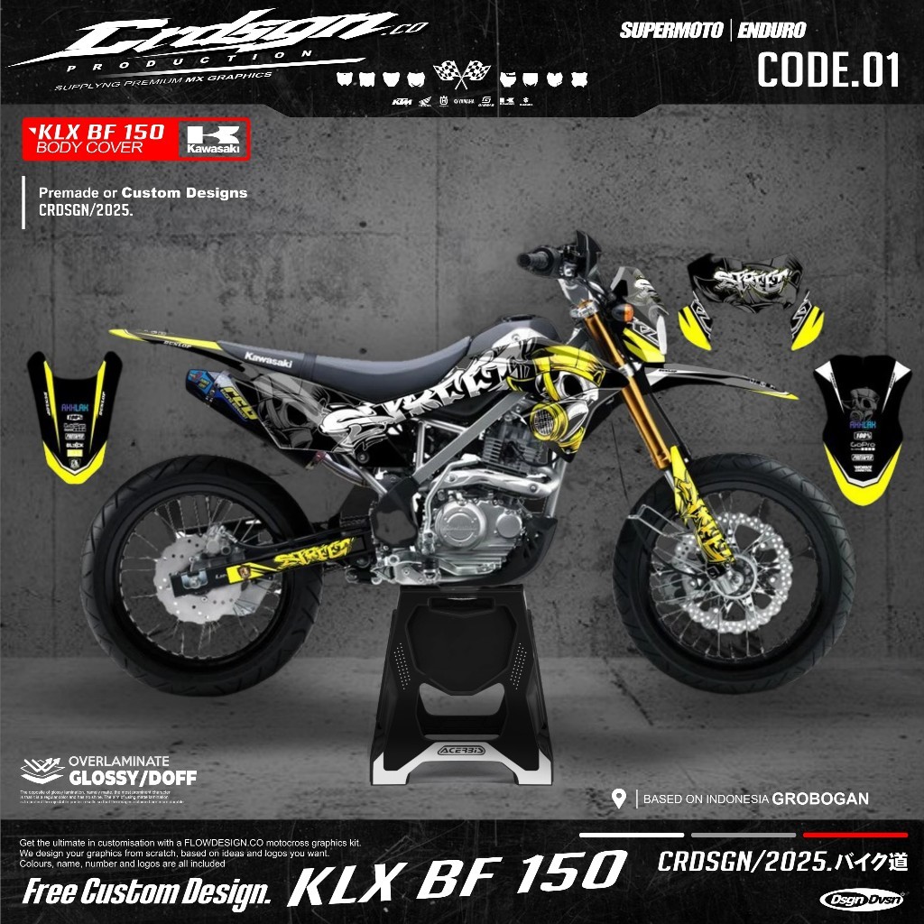 DECAL KLX BF 150 STREET 2025 MOTIF TENGKORAK , CROME HOLOGRAM SUPERGLOSSY FULLBODY BISA REQUES NAMA 