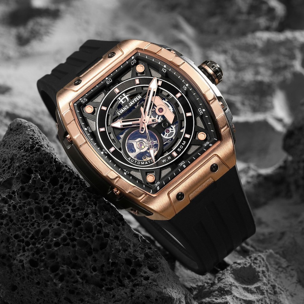 Evans Jayden Jam Tangan Pria 9611 Rubber Automatic Kaca Safir Chrono Tahan air 5ATM