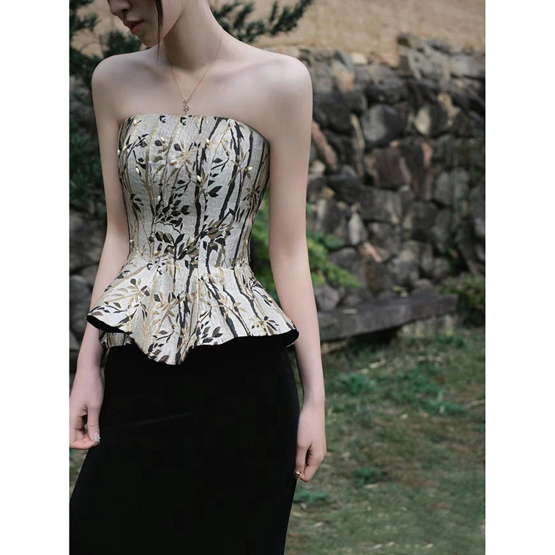 FW25-28302 Gaun Pesta Wanita. Women's Retro Floral Tube Top Black Fishtail Evening Dress