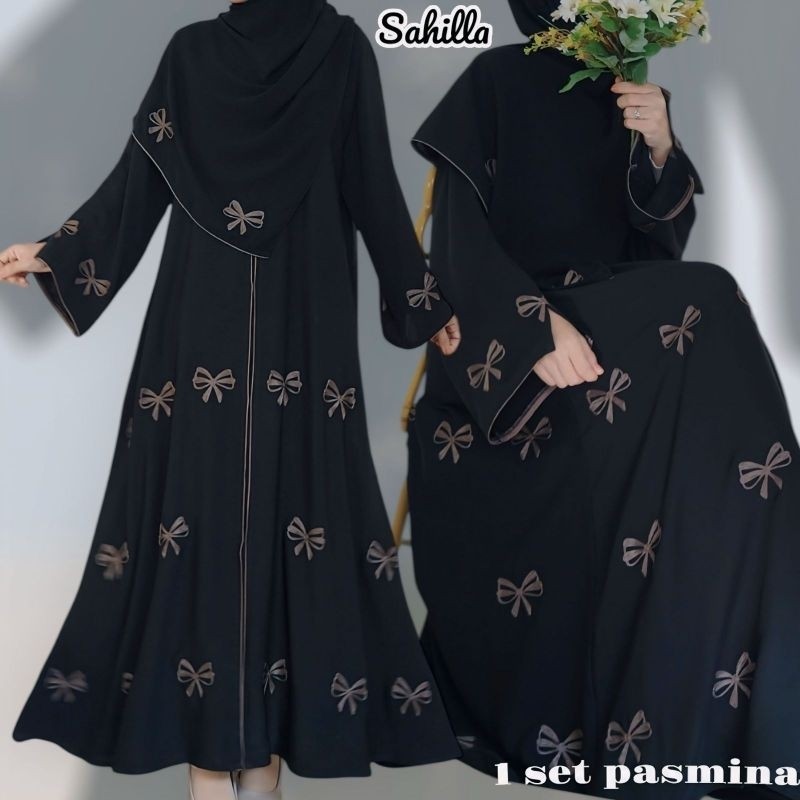 SET PASMINA ABAYA SAHILLA BORDIR PITA BAHAN JETBLACK ALKHATIB COLLECTION COUPLE DEWASA S M L XL XXL 