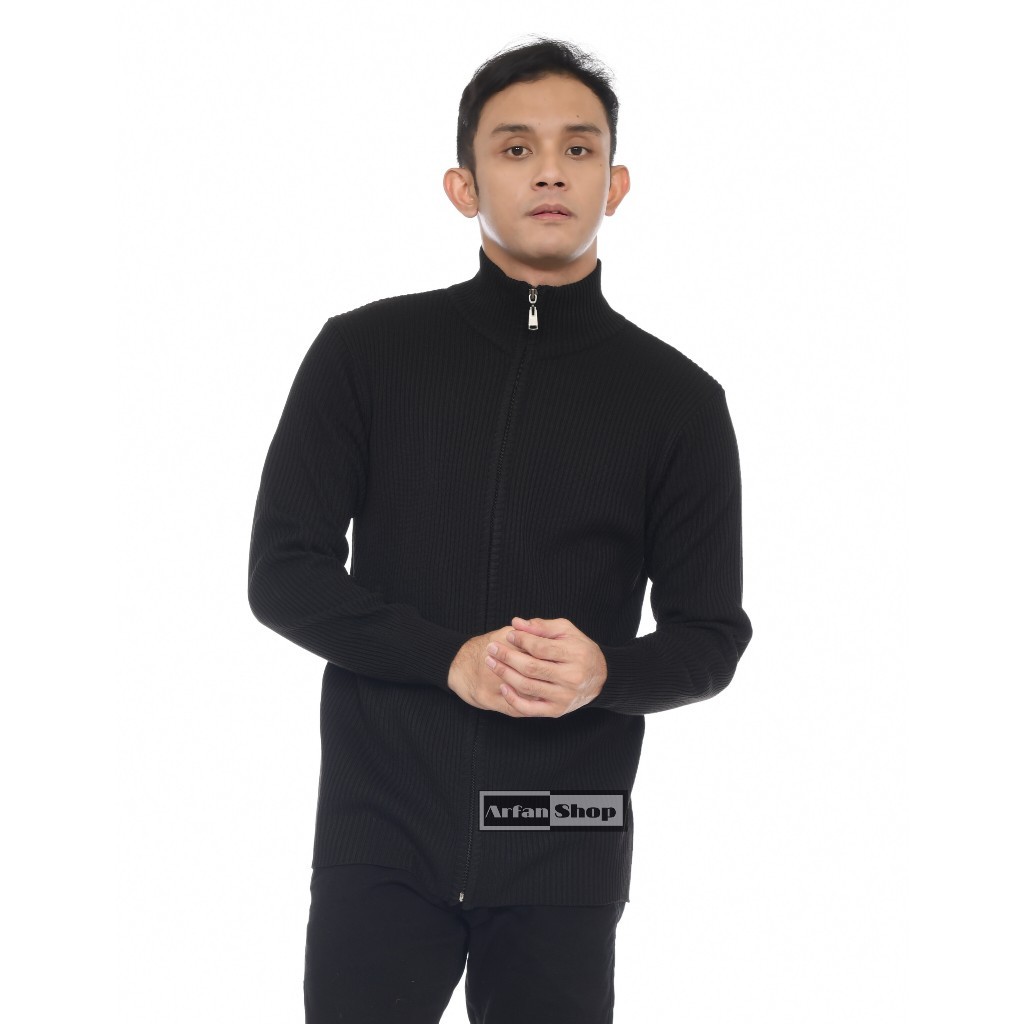 Jaket Rajut Resleting Pria Kerah Tinggi Tebal | Sweater Knit Zipper Turtleneck | Switer Cowok Fullzi