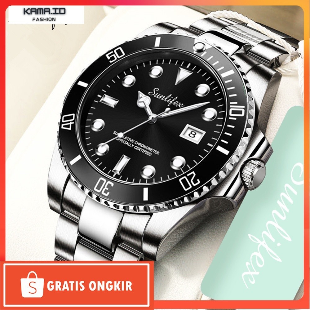 Jam Kekinian / Sunlifex Jam Tangan Pria 9001-A Anti Air Original Kalender Kuarsa Tali Stainless Stee