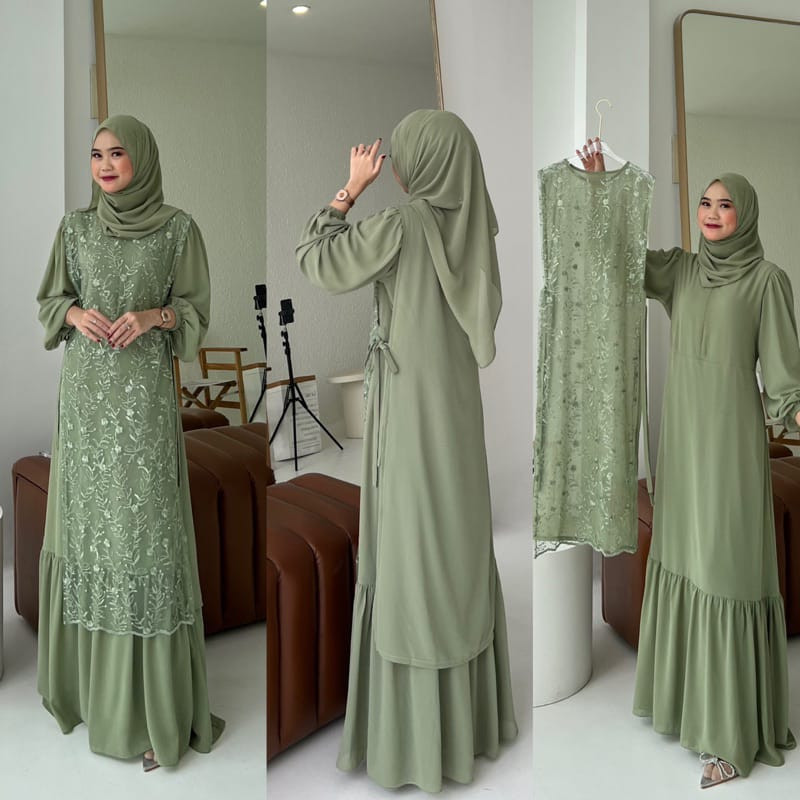Dress kondangan cyntia bahan ceruty jumbo termurah ld 120 gamis wanita kekinian ready warna sage moc