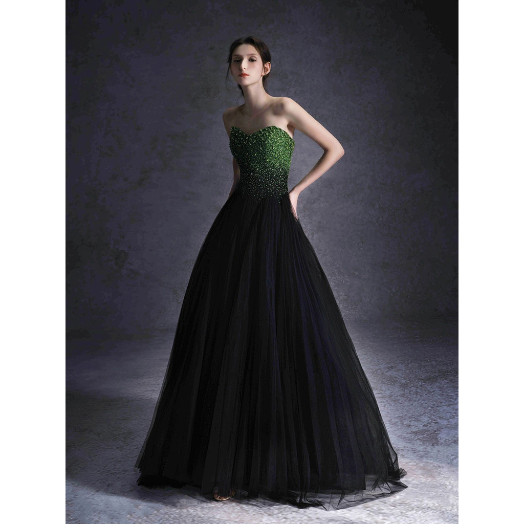 FW24-311017 Gaun Pesta Wanita. Women's Black-Green Rice Beads Tube Top Toast Wedding Dress