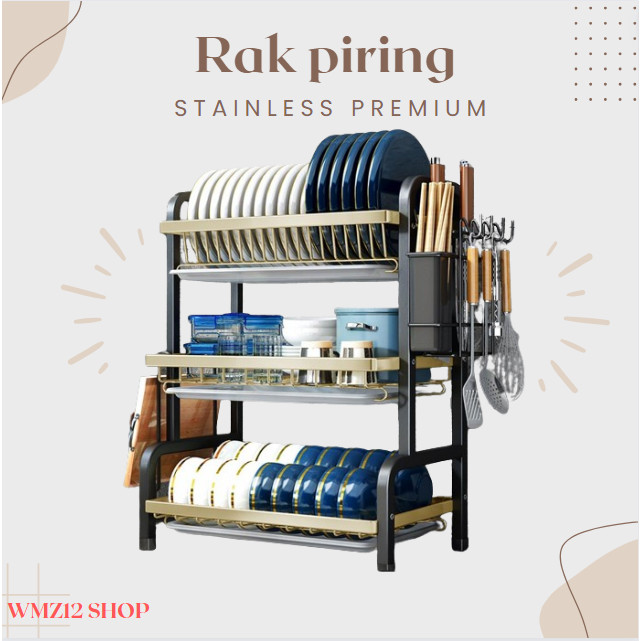Rak Dapur Rak Piring Stainless Steel premium Penyimpanan Rak Pengering Piring Rak Mangkuk Piring