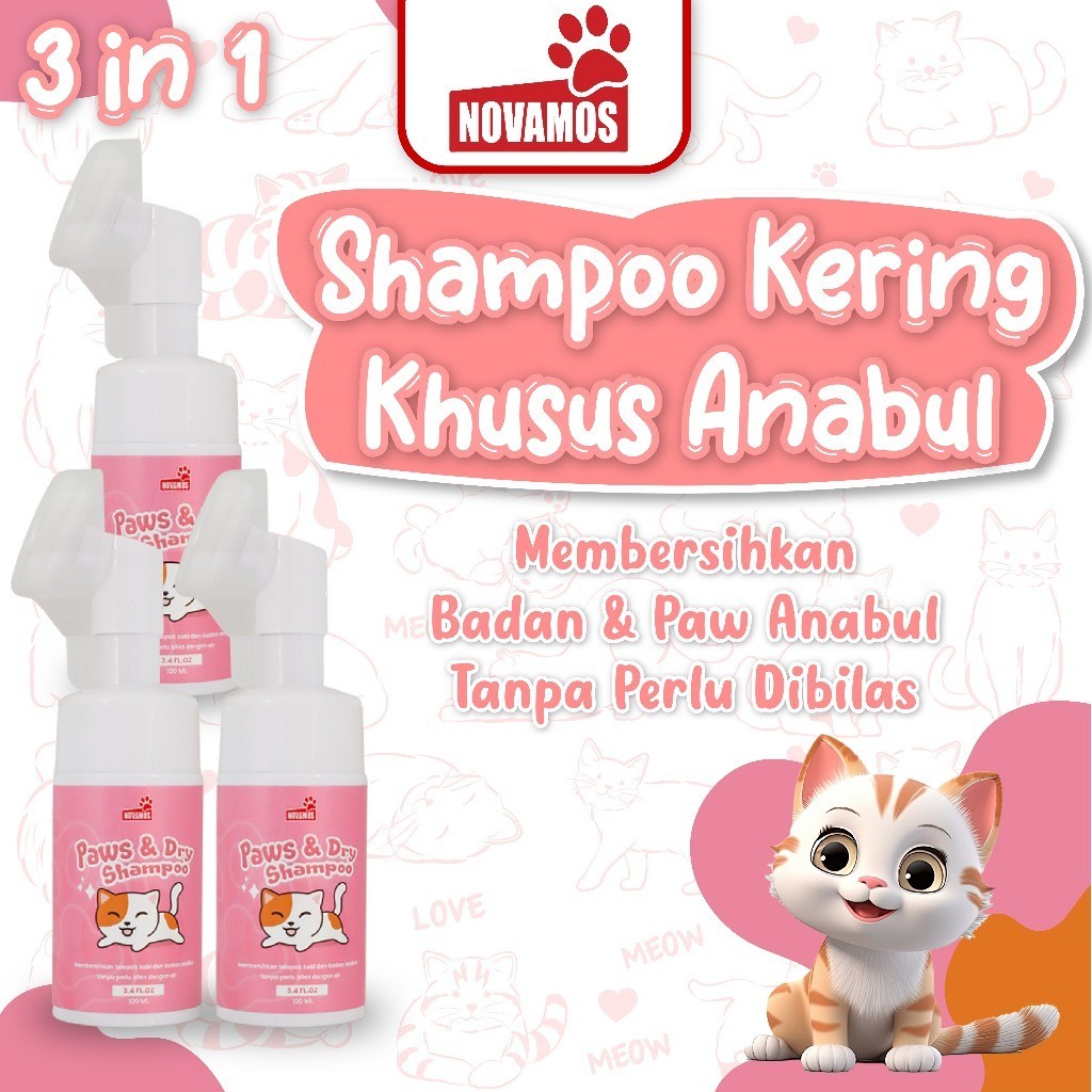[ READY INSTANT ] Novamos Shampoo Kering Kucing dan Anjing Paws & Dry 100 ML ( 3 pcs lebih hemat ) S