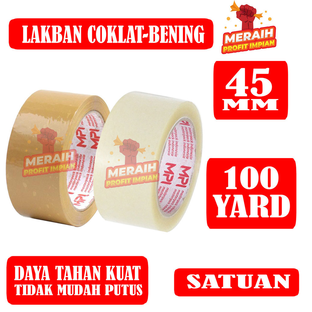 

Lakban Bening - Lakban Coklat MPI 45 mm x 100 yard - Lakban Packing - Merekat Sempurna dan Tidak Mudah putus