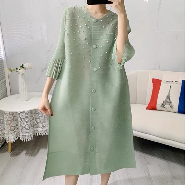 Terlaris ✨ -Tunik dress turun naik viral full kancing - Plisket turun naik import