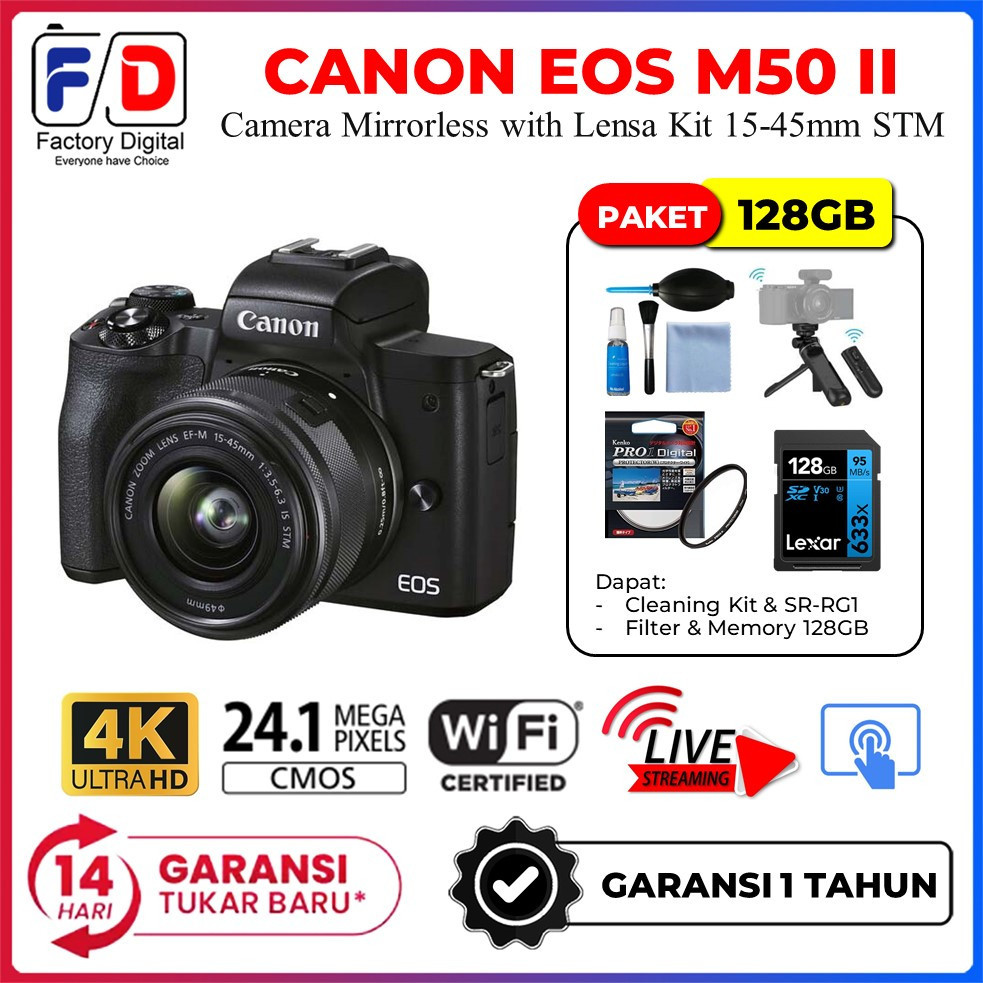 promo spesial Canon EOS M50 Mark II Kit 15-45mm Mirrorless Kamera EOS M50 II Original