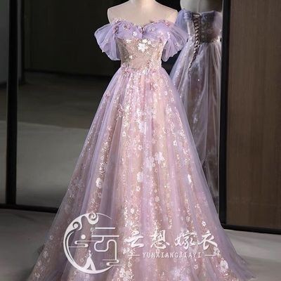 Gaun malam mewah berwarna merah muda untuk wanita, rok tutu, ceruk mewah ringan, tes musik vokal kel