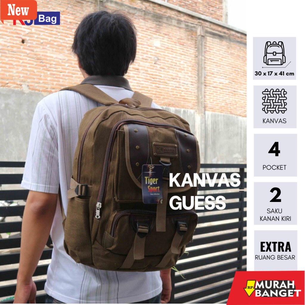 Tas Ransel Pria Kekinian Tas Kanvas Sekolah Anak Backpack Pria Polos Kanvas Coklat Muda Bahan Tebal 
