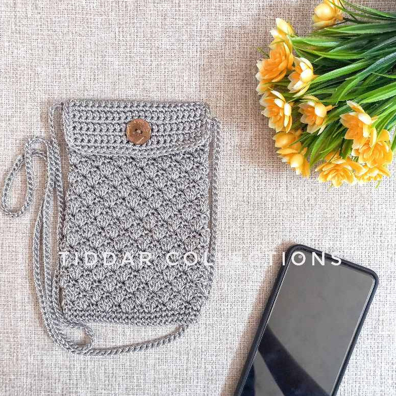 Tiddar Tas Rajut Hp Wanita Ukuran 12 x 17 cm Terbaru Benang Nylon Handmade Crochet Slempang Kecil Et