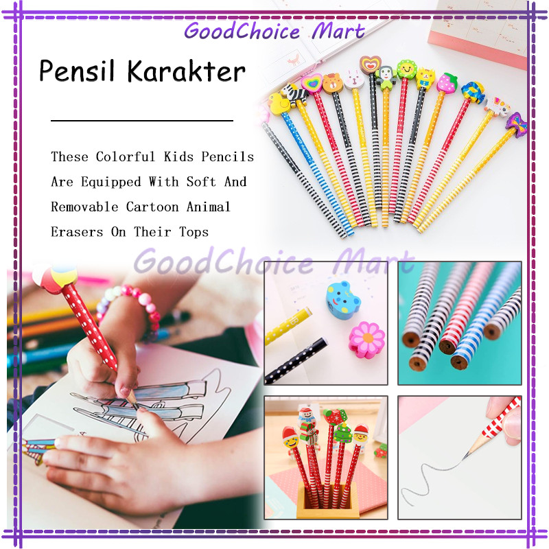 

Pensil Karakter + Penghapus / Pensi Ada Penghapus Karakter Unik Lucu / Pensil Karakter Kartun Lucu Motif Garis Polkadot