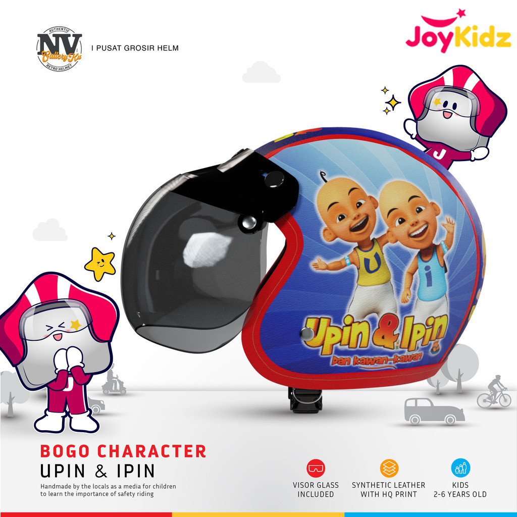 Helm Anak Bogo Motif Upin Ipin Kaca Cembung Usia 2 3 4 5 6 7 Tahun Retro Laki-laki Perempuan Murah