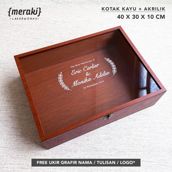 FREE UKIR GRAFIR / Kotak Kayu Akrilik 40x30x10 Engsel / Kotak Box Seserahan Kayu Grafir Nama Tulisan