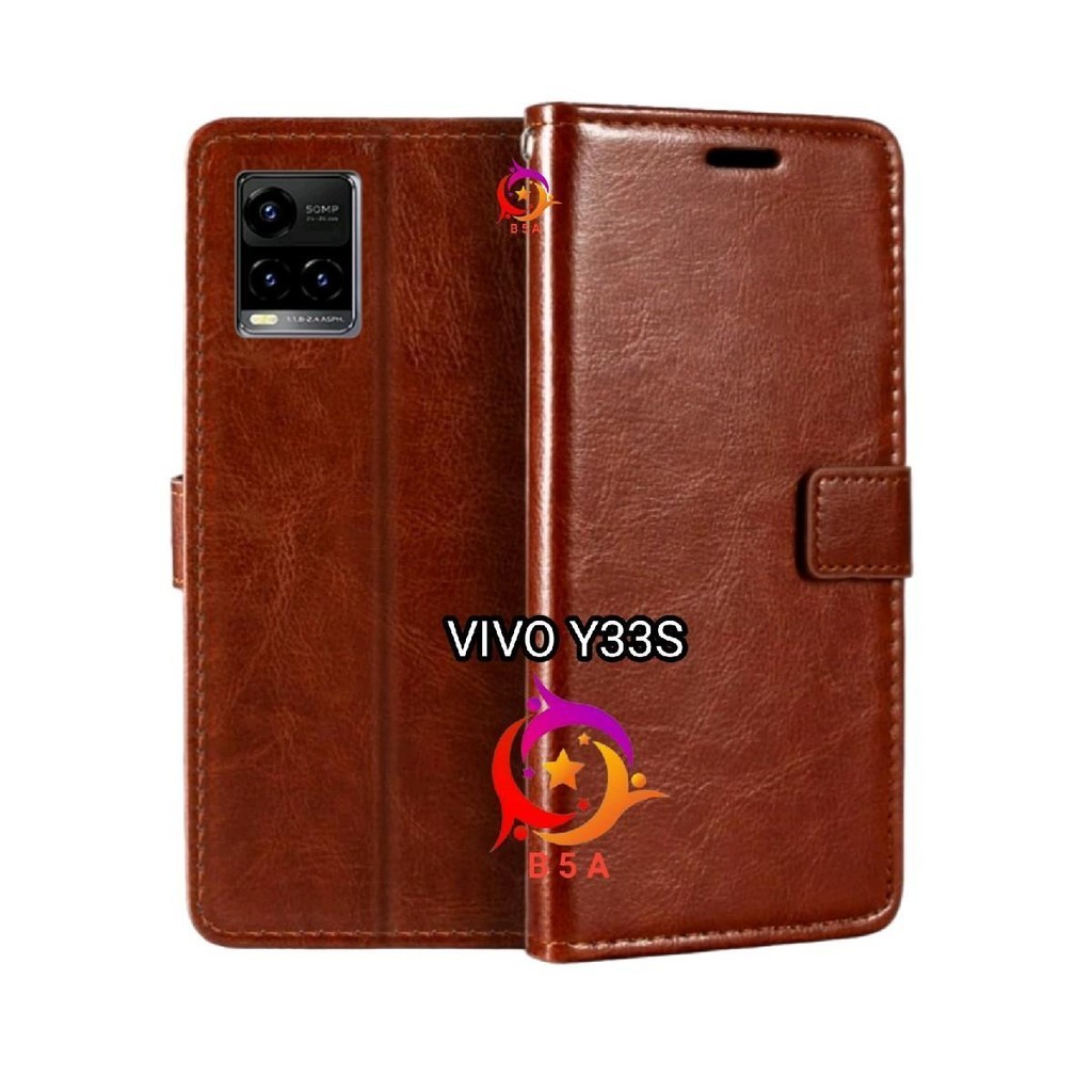 Case VIVO Y33S Flip Cover Wallet Leather Casing Dompet Kulit ( Case Untuk-Vivo Y33S ) Slot Card Warn