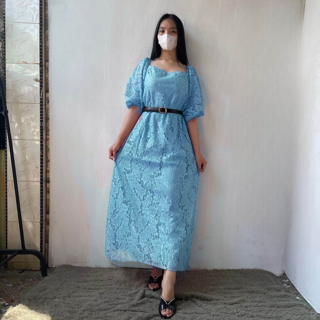 Minji Midi Dress Brokat Pesta Elegant Dress Sabrina Gaya Korean Style Dress Brukat Natal zh