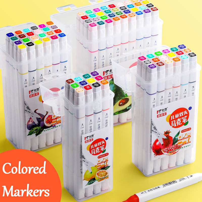 

12-48 Colors Water-Based Art Markers Double-Headed Marker Pen with Storage Box Washable Highlighter for School Office Supplies