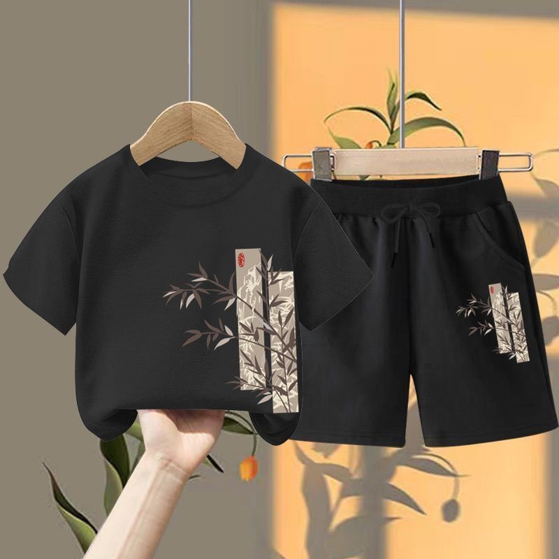 Setelan dua potong celana pendek lengan pendek gaya Cina anak-anak pria dan wanita setelan gaya Cina
