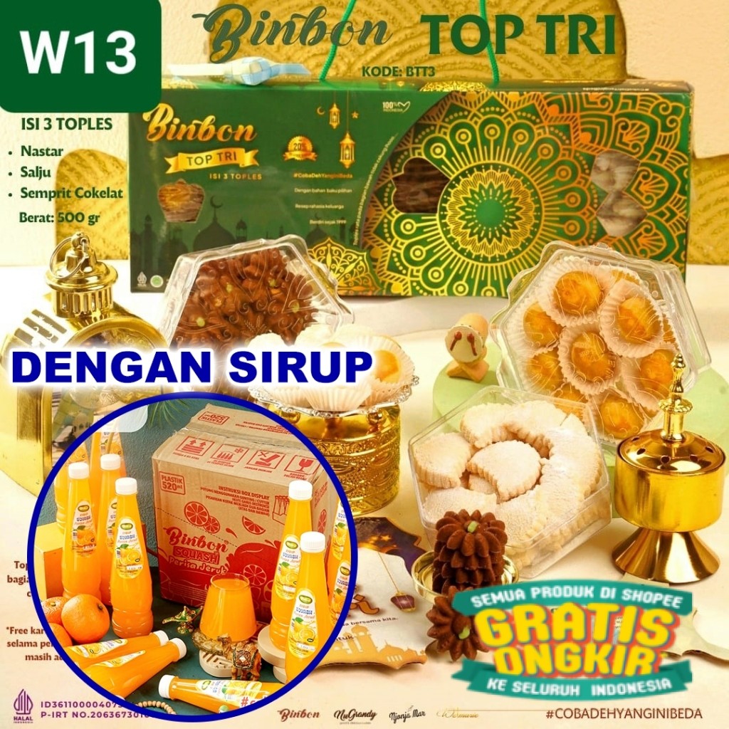 

Apazada - Kue Kering Lebaran Binbon Top Tri Squash / Hampers Kue Lebaran Paket 3 Toples + 1 Sirup/ keluarga oleh oleh