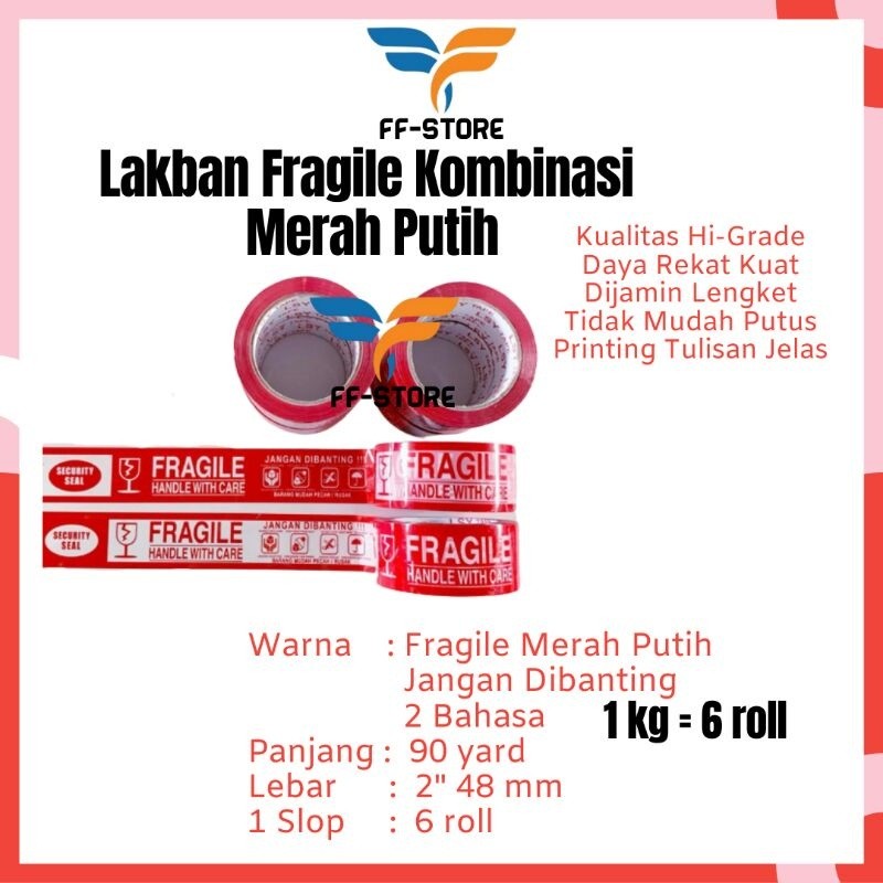 

[Grosir] Lakban Fragile Merah Solatip Jangan Dibanting Putih 2 inch 48 mm 90 yard 50 mikron Dua Bahasa