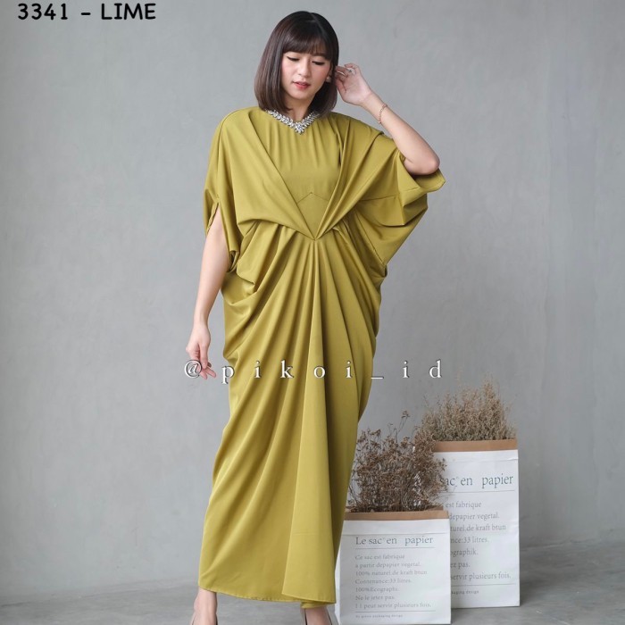 "SKY.LD" -  TERBARU Kaftan putih wanita modern kalung mutiara / dress lebaran satin murah - LIME-334