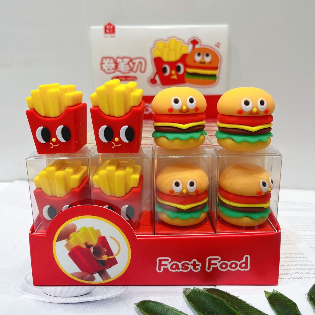 

2 pcs/lot Kawaii Novelty Hamburger Chip Soft Silicone Pencil Sharpener Scholl Office Supplies Gift Prizes Kids Cute Stationery
