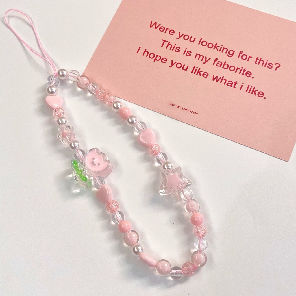 

Fashion Pink Tulip Beaded Mobile Strap Lanyard Anti-Lost Telephone Jewelry Cute Women Girl Mobile Phone Chain Accessories