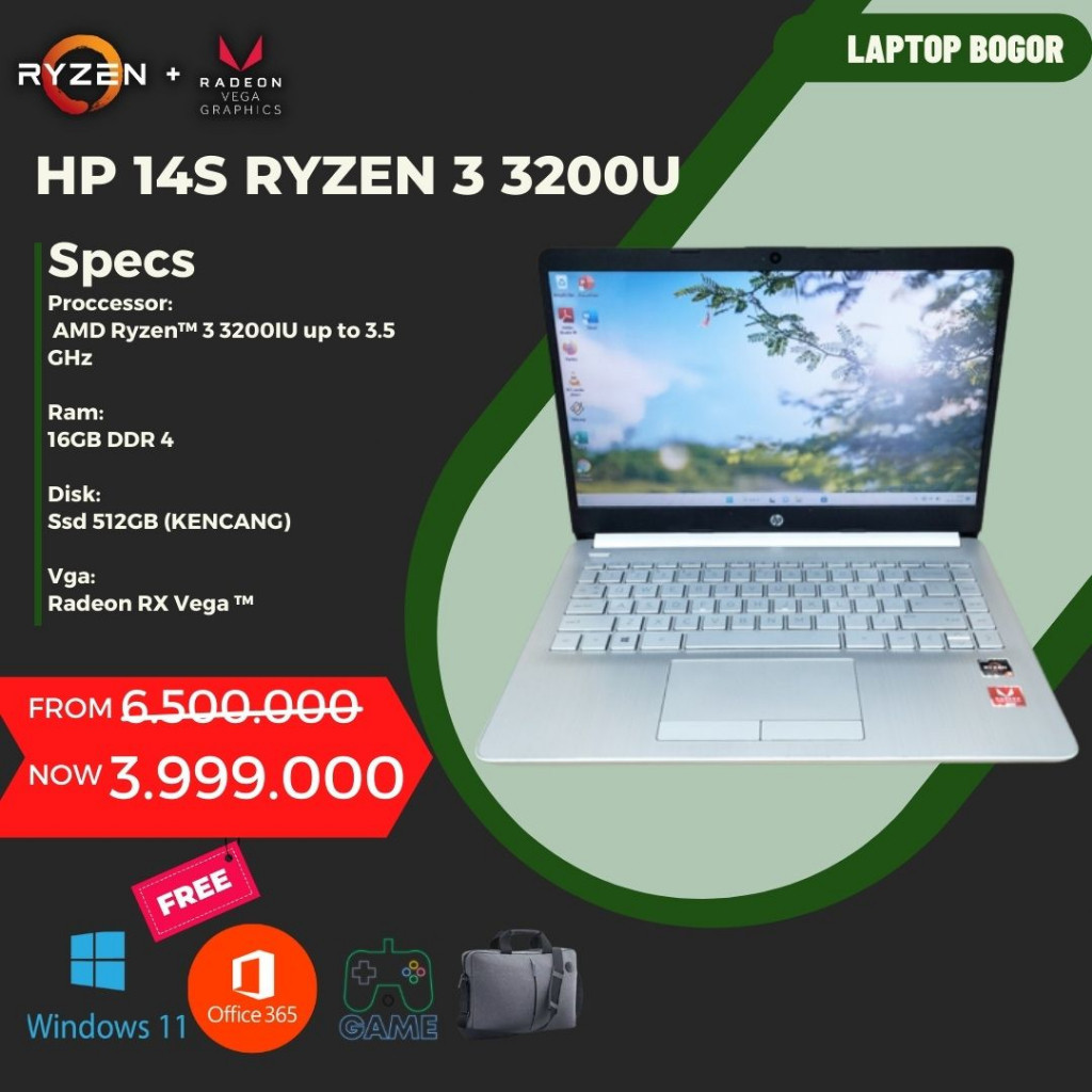Laptop HP 14S Ryzen 3 3250U RAM 16GB SSD 512GB GAMING EDITING LANCAR  CORE I7 I5 I3