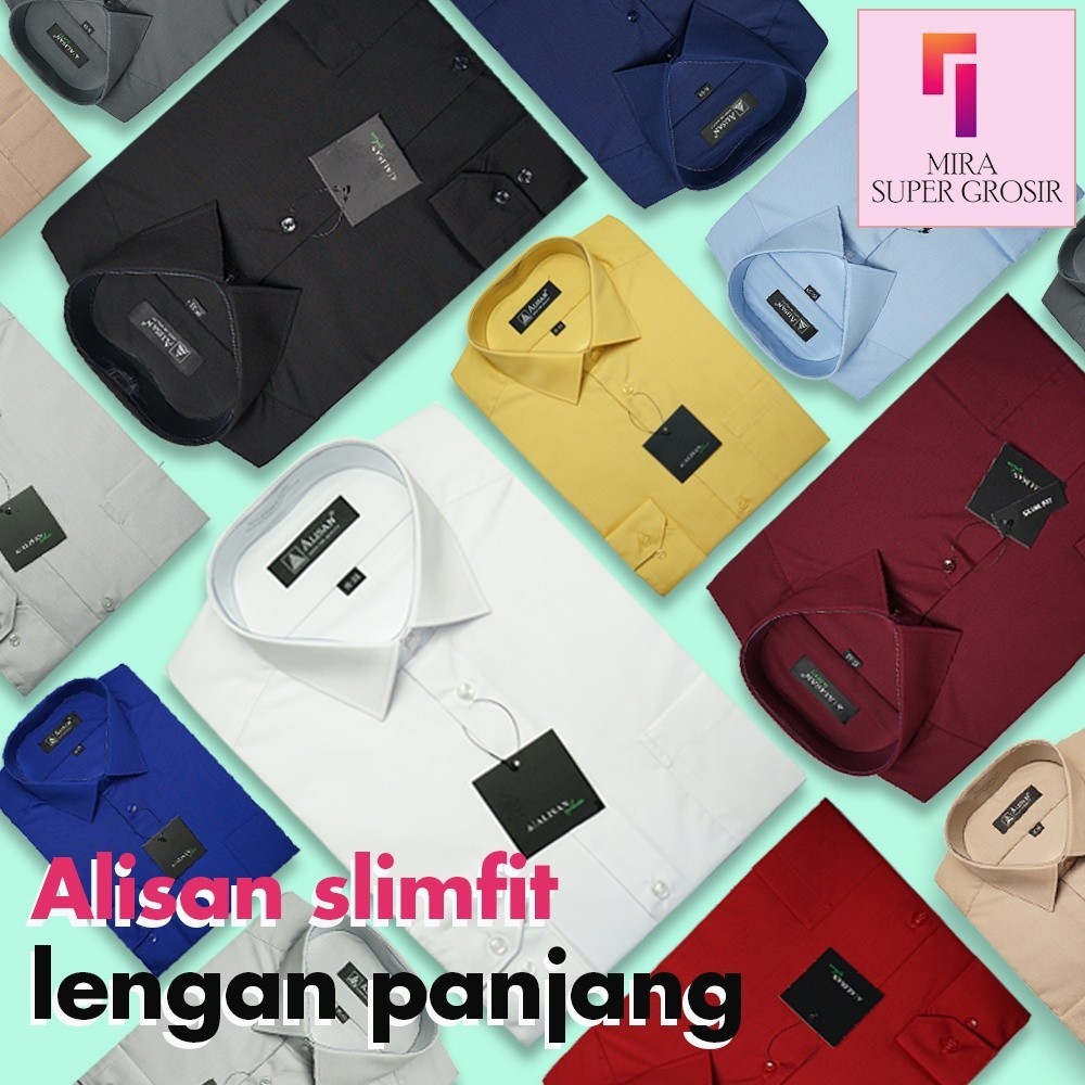 Alisan Kemeja Kantor Formal Polos Slimfit Pria Lengan Panjang Warna Hitam Putih Biru Merah Size 14.5