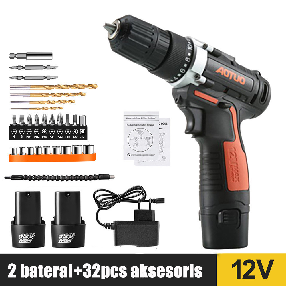 COD Bor Cas Murah 2 baterai promo/ bor cordless 12v/bor batre/mesin bor cas/cordless drill/bor batrei 12vol termurah/bor ces murah promo terbaru/mesin bor batre/SET Bor 10mm Obeng Bor Bolak Balik 12 V Cordless Drill Charging