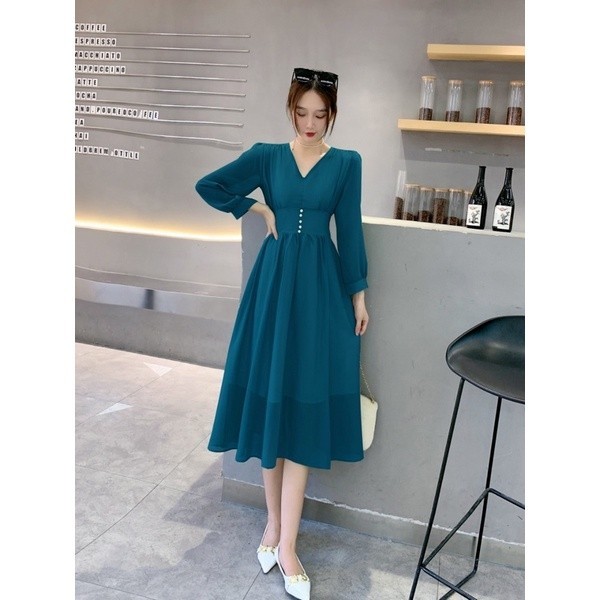 D0726 NABILA KOREAN STYLE BUTTON VINTAGE MIDI DRESS PESTA SIMPLE HIJAB FRIENDLY/ GAMIS MODEL BARU MU