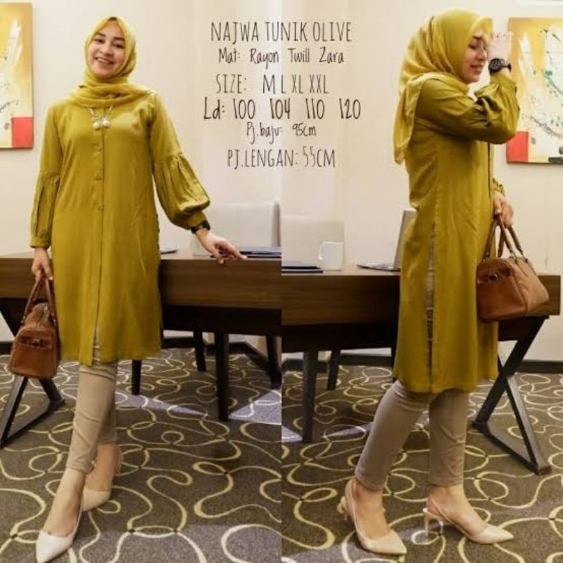 Najwa Tunik Wanita Bahan Rayon Twill Premium Kancing Aktif Lengan Balon Muslim Nyaman/ GAMIS MODEL B