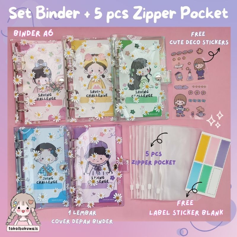 

[PROMO MURAH] SET BINDER A6 + 5 ZIPPER POCKET ( DAISY RING SILVER )