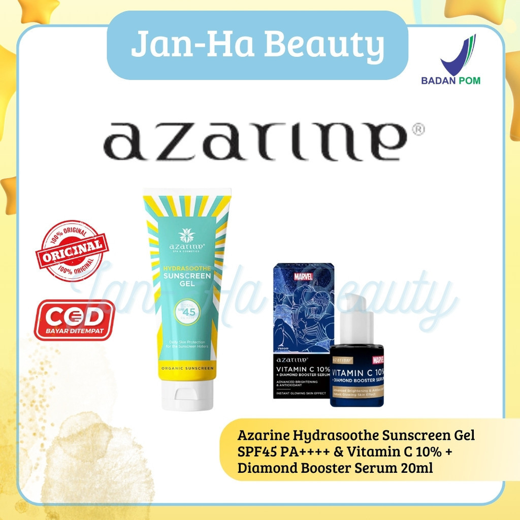 [2 PCS] Azarine Hydrasoothe Sunscreen Gel SPF45 PA++++ & Vitamin C 10% + Diamond Booster Serum 20ml 