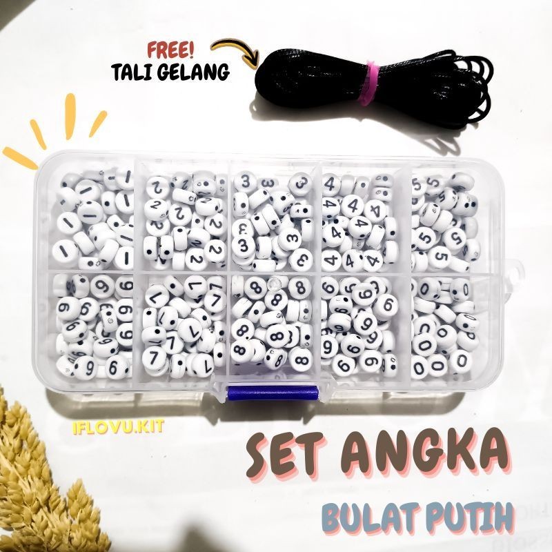 Set Manik Manik Angka Bulat Putih + Tali Gelang + box Sekat | Beads Kit manik Mote DIY gelang Cincin