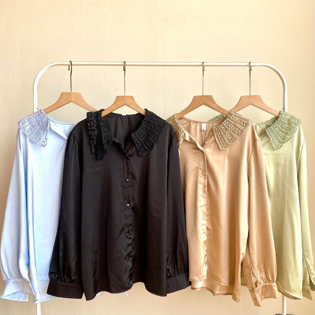 Athena Longsleeved Silky Premium / Atasan Kemeja Blouse Silk Wanita Import