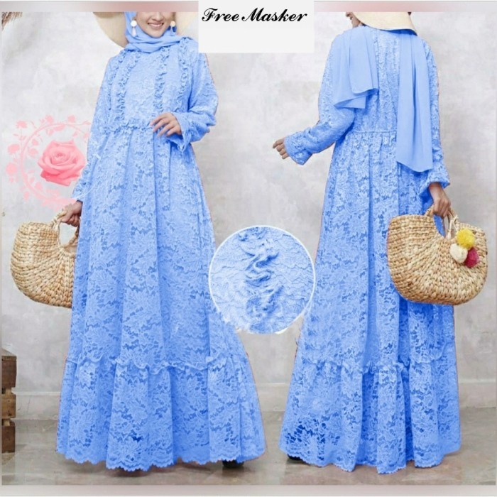 gamis pesta brukat L mahika biru muda baju muslim mewah murah -Agr