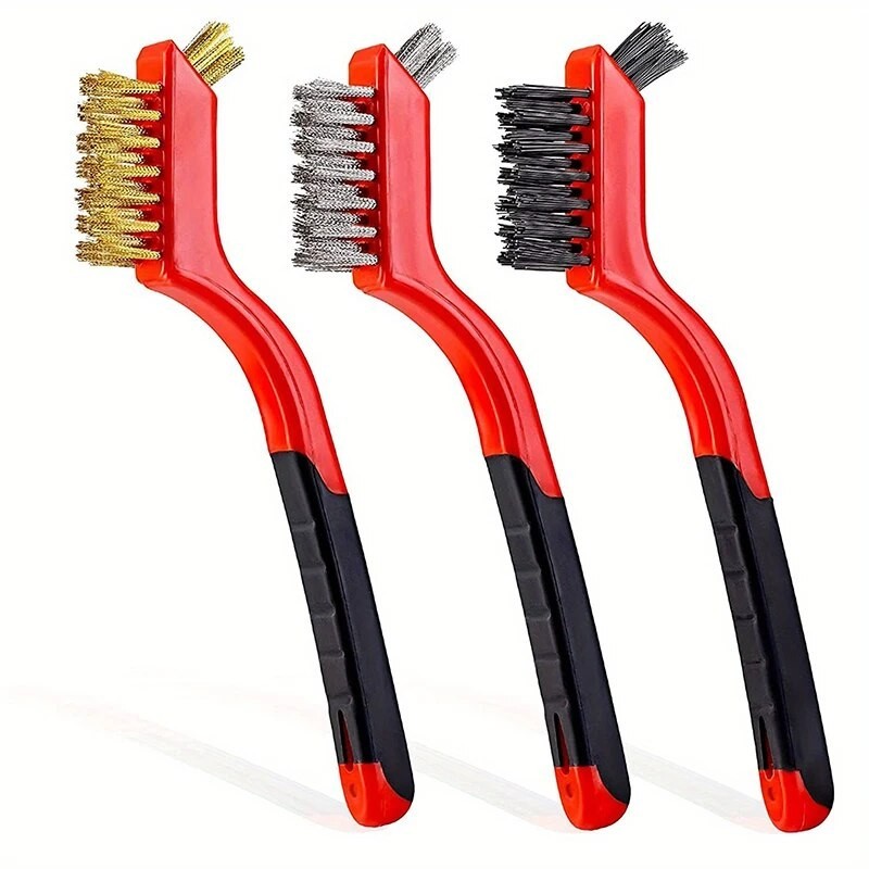 

3-Piece Wire Brush Set - Deep Clean Rust, Dirt & Paint with Curved Handle Grip (Red) - 7 Inches/17cm