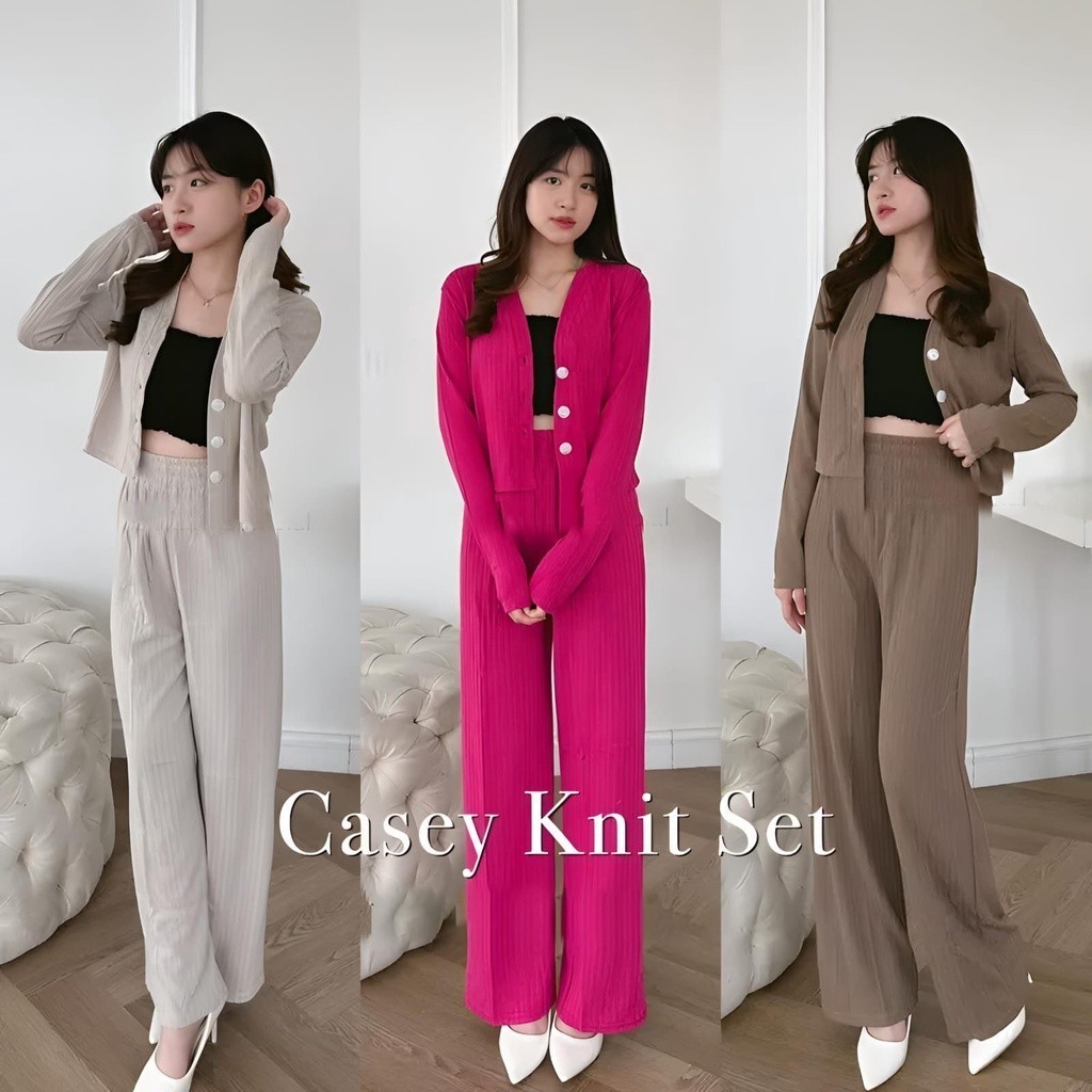 Set Casey Premium Knit (Cardi+Pants) / Setelan Wanita Crop dan Celana Kulot