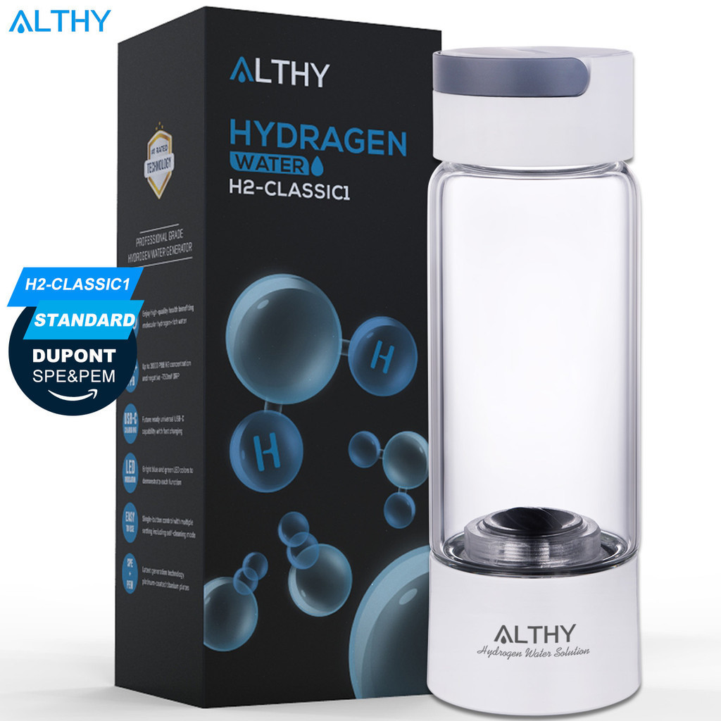 ALTHY Hydrogen Rich Water Generator Bottle - Glass Cupbody - DuPont SPE & PEM Dual Chamber Maker Ion