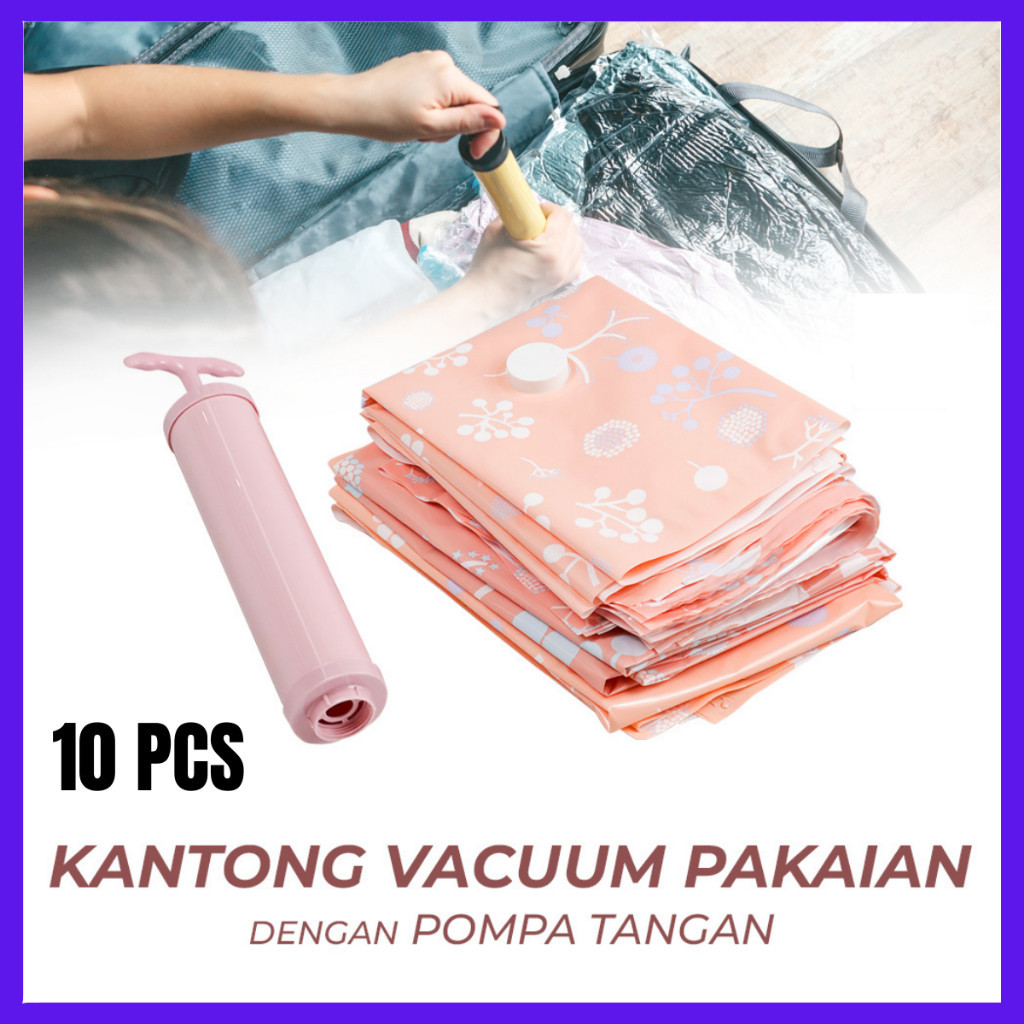 inovasi_tani-10 pcs + POMPA Plastik Vacuum Baju Plastik Vakum Plastik Vacum Bag Travel Pakaian Kanto